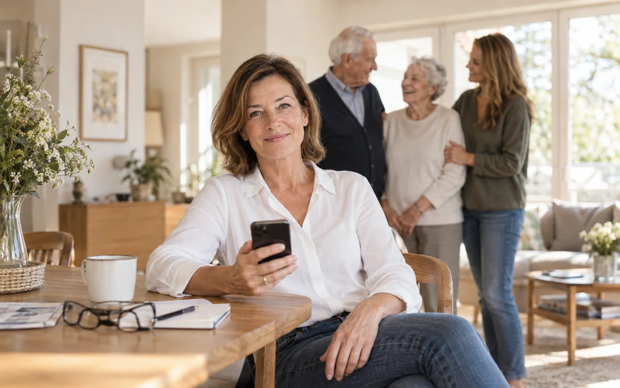 Ansprechpartnerin blickt auf ihr Smartphone, während im Hintergrund eine Familie spricht